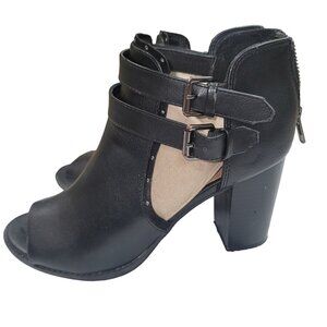 REPORT SIGNATURE  Josie Open toe Ankle Booties Heels Chunkie Sz 8.5‎ Black Strap